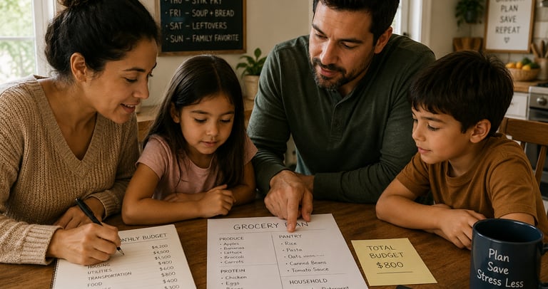 Family sitting at the kitchen table planning groceries and budgeting together, showing why teaching 