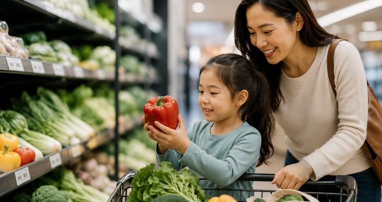  Parent and child grocery shopping together while choosing fresh produce, demonstrating why teaching