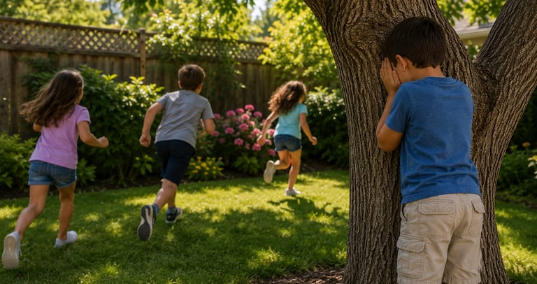 Kids playing hide and seek in the backyard.
