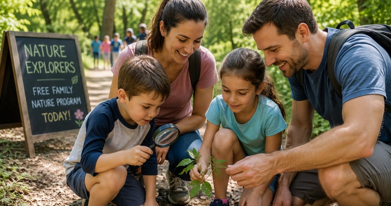 Family exploring nature during a free parks and recreation program designed for children and familie