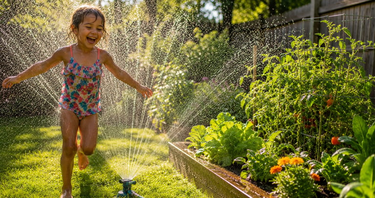 A child running through the sprinkler while it is watering the garden.