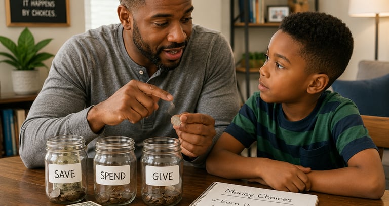 Parent teaching a child how to save, spend, and give money using jars and coins at home, highlightin