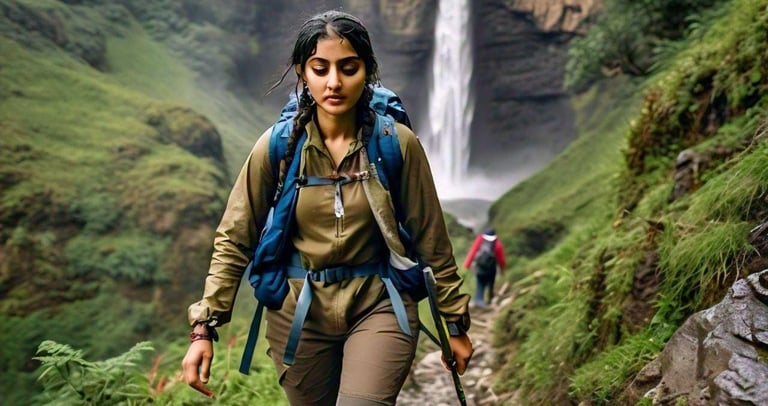 Woman trekking on waterfall 
