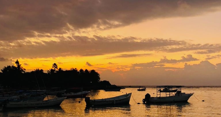 a sunset scene of boats in the water