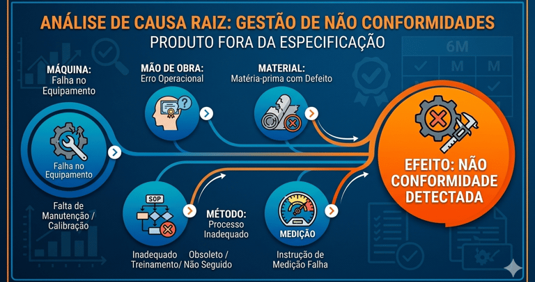 Diagrama de Ishikawa ilustrando a análise de 'Produto Fora da Especificação'