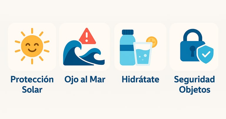Infografía con cuatro iconos de seguridad en la playa en verano