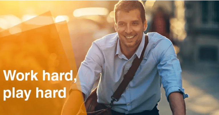 man biking, text 'work hard, play hard'