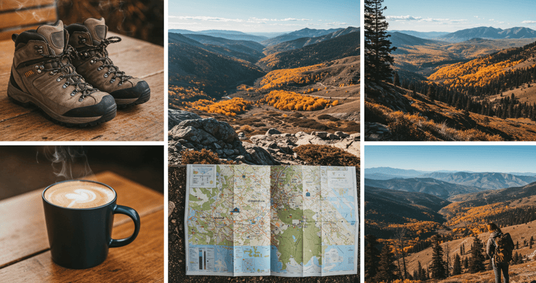 A collage of hiker on a hike, mountain background, a park map and coffee with hiking shoes