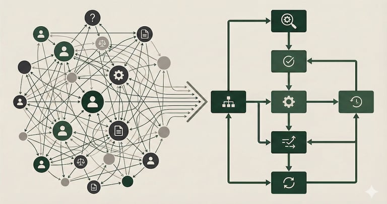 Decision architecture network diagram showing organisational execution structure and governance decision flows