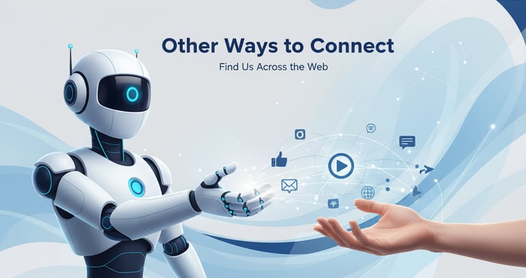 a robot with a hand stretched out to human hand and swirling social media symbols