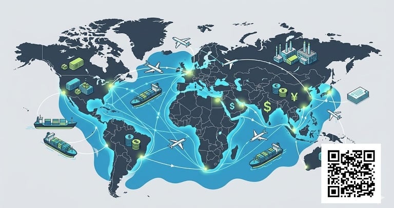 Global map showing trade routes, cargo ships, airplanes, and digital connections between international markets