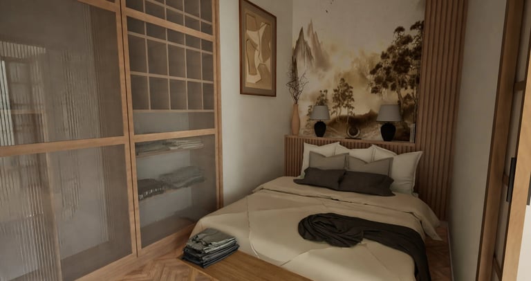 Render 3D dormitorio con mural paisajístico y cabecero de madera