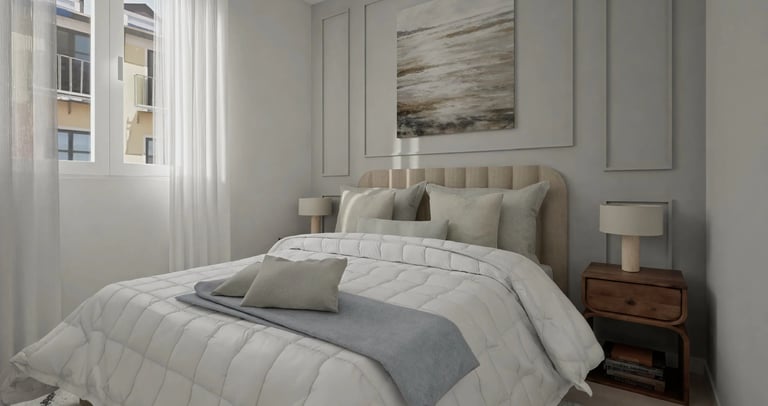 Render 3D dormitorio doble con cuadros abstractos y mesillas