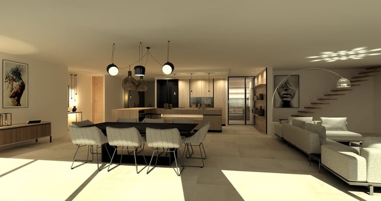 a dining room with a table and chairs