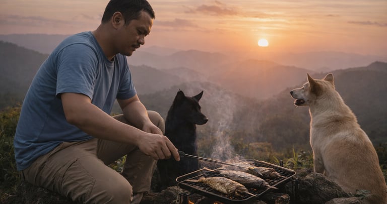 armando bakar ikan di pegunungan di sore hari ditemani 2 ekor anjing