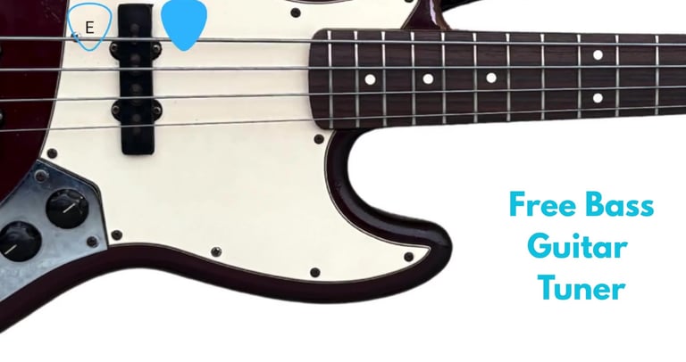 Close-up of a free bass guitar tuner showing a plectrum on the strings of a classic electric bass.