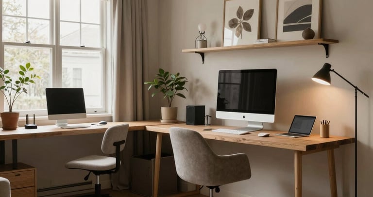 A flat lay of design magazines, fabric swatches, and a steaming cup of tea.