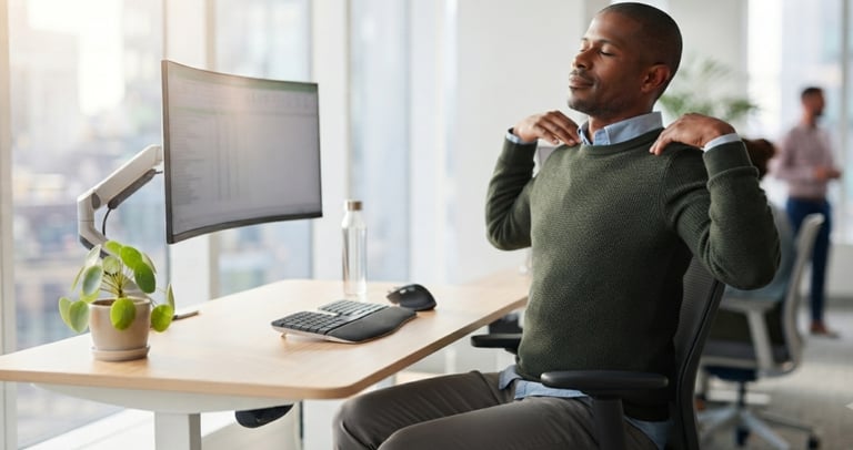 Employee performing shoulder rolls during a short office stretching break.