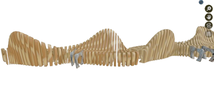 Parametric wavy wooden bench design with vertical slats and organic curves on a black background.