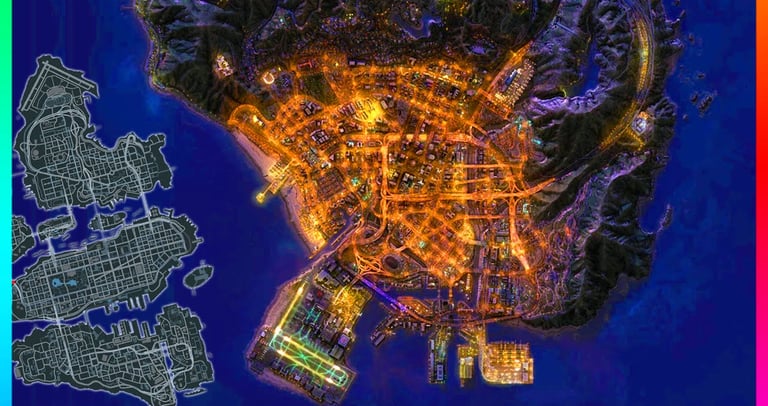 GTA 6 map comparison showing city lights at night versus the GTA 4 Liberty City layout.