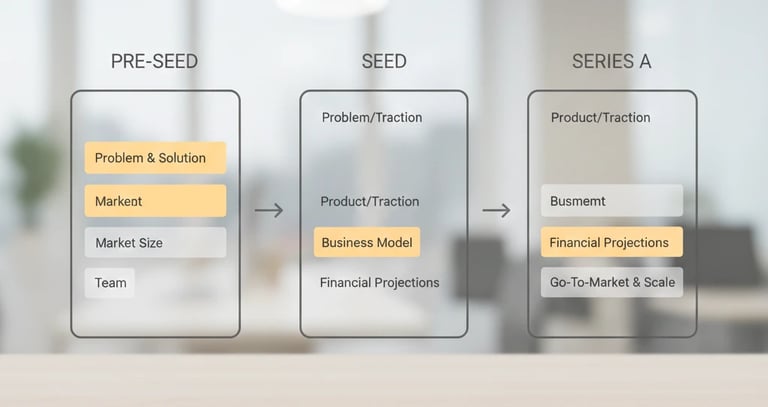 Evolution of pitch deck structure across pre-seed, seed, and Series A stages.
