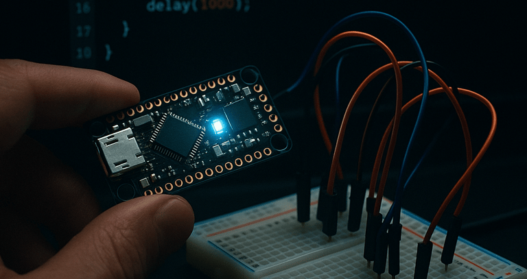 image of esp32 being programed along side with a bread board and jumper wires
