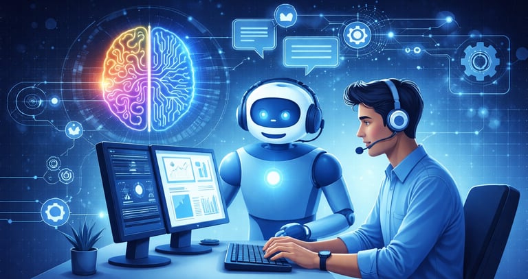 Human agent and AI working together (hybrid model).