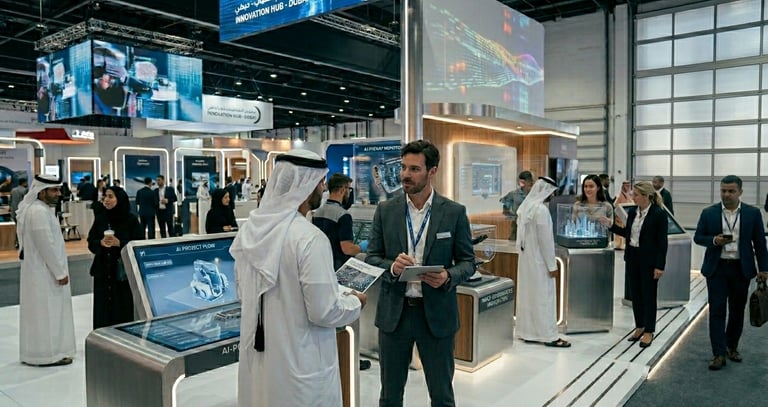 Professionals network at a modern AI technology exhibition in the Dubai Innovation Hub.