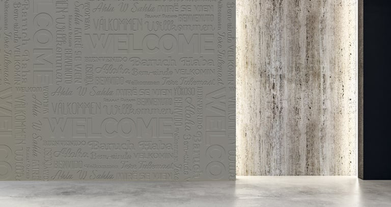 Exhibition booth decoration with textured wall prints