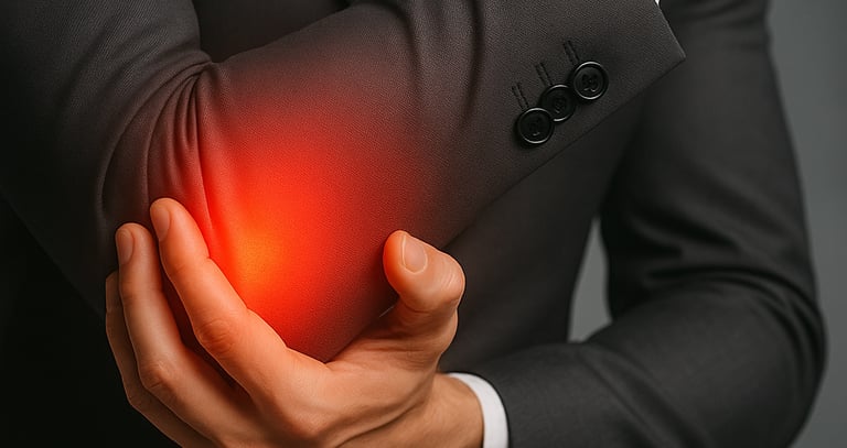 Patient holding outer elbow due to lateral epicondylitis pain.