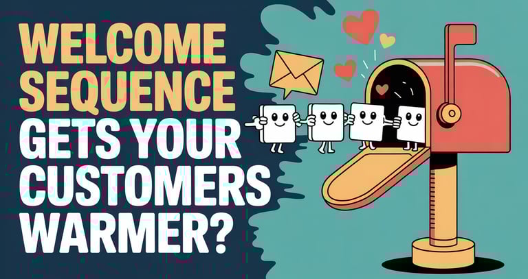 Email marketing welcome sequence illustration with characters entering a mailbox to warm up customers.