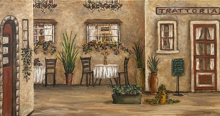 Italy Trattoria Across the Street, 2025, Acrylic on canvas, 8 x 16 x 3/4 inches  $250