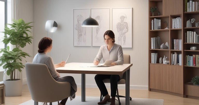 A family scene with three people gathered around a wooden table, two adults and a child. They are engaged with a laptop that features a floral design, and an open notebook is on the table. The atmosphere appears to be positive and collaborative.