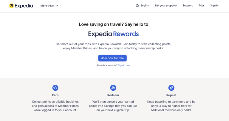 Expedia Rewards landing page