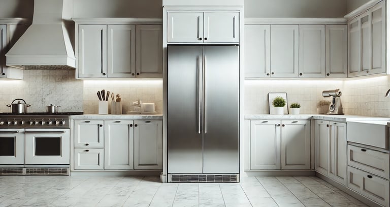 a kitchen with a refrigerator and freezer