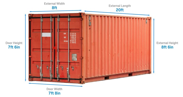 Diagram showing exterior dimensions of a standard 20ft container.