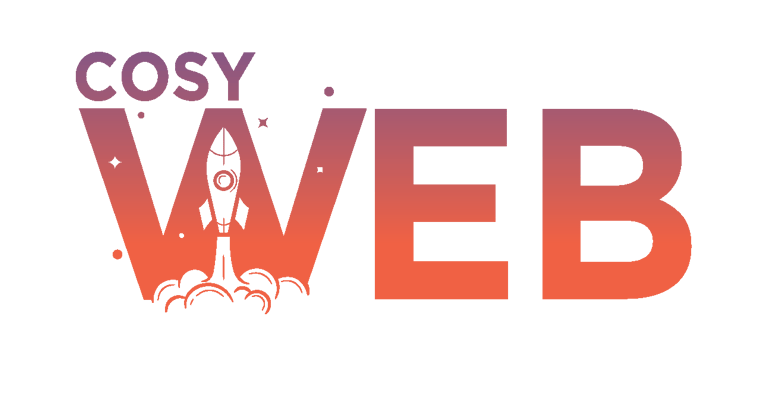 Cosy Web digital agency logo featuring a rocket launching inside text with the slogan Communiquer c'est exister.