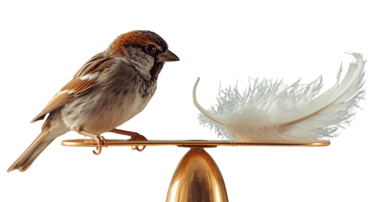 sparrow on a scale, with a feather on the other side, representing ethics and trust in marketing