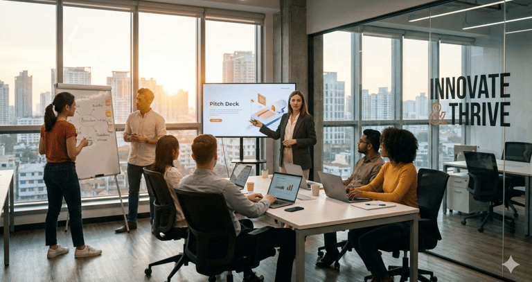 Équipe de professionnels collaborant sur une présentation stratégique dans un bureau moderne au couc