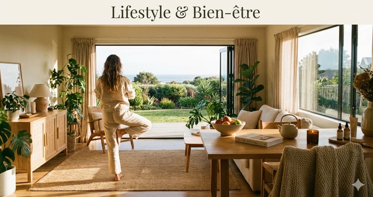 Femme pratiquant le yoga dans un salon moderne et lumineux, prônant la "slow life" et le bien-être a