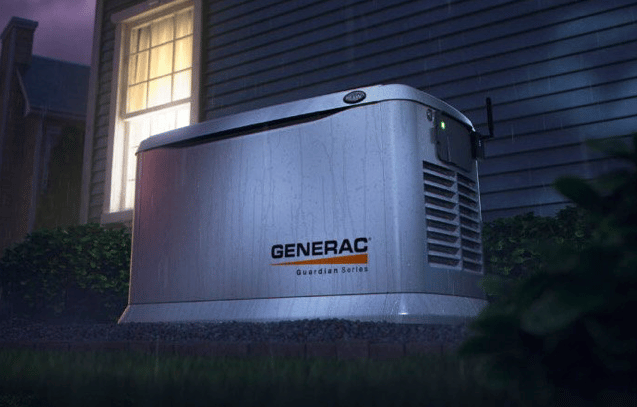 Generac Guardian Series home standby generator installed outside a house during a storm.