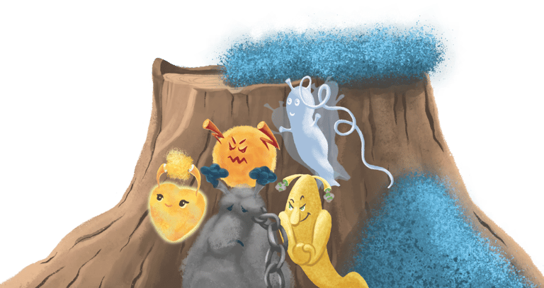 Illustration of the Hormies representing Denial, Anger, Bargaining, Depression, and Acceptance