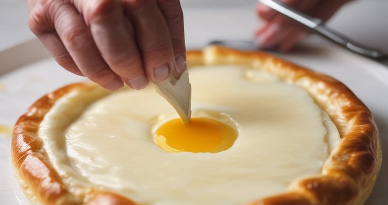 Applying egg wash to baked brie puff pastry