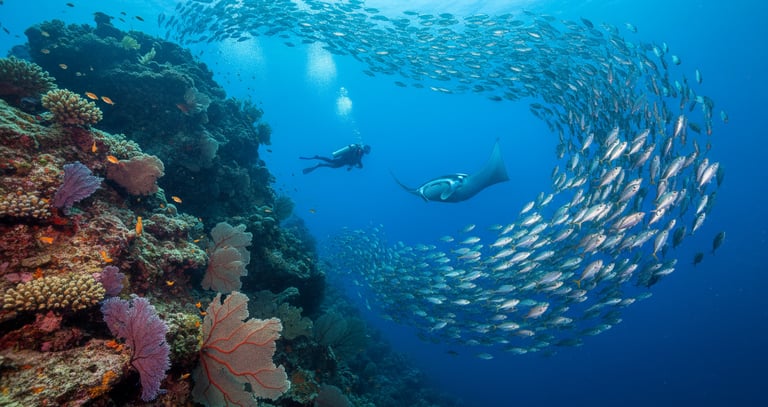 Scuba diver drift-diving in Komodo past a reef pinnacle as a manta ray glides through clear blue water.