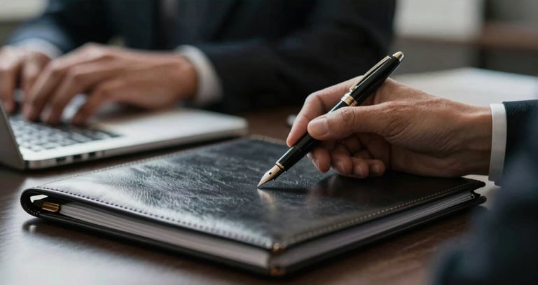A close-up of a professional business meeting focusing on a sleek leather folder and a high-quality fountain pen. The lighting is focused and dramatic, highlighting textures. Subtle teal accents (#3C6B6F) are visible in the background, conveying expert tax navigation and compliance.