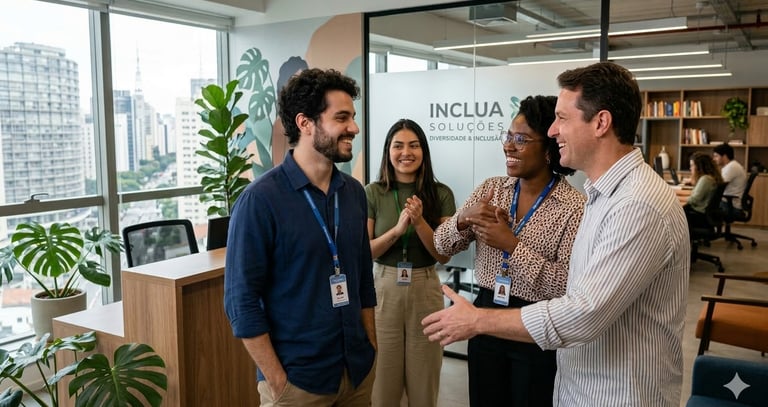 Onboarding de uma pessoa surda na empresa sendo recebido pela equipe do RH
