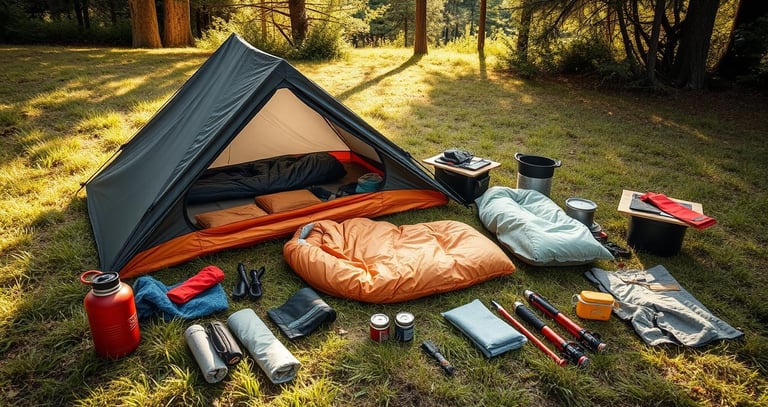  Lightweight camping gear laid out on a grassy surface, including a DIY tent made from nylon fabric