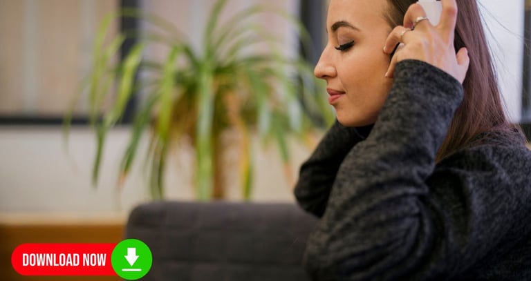 Woman listening to hypnotherapy MP3 download to relieve anxiety and improve calm – EnglishTherapist