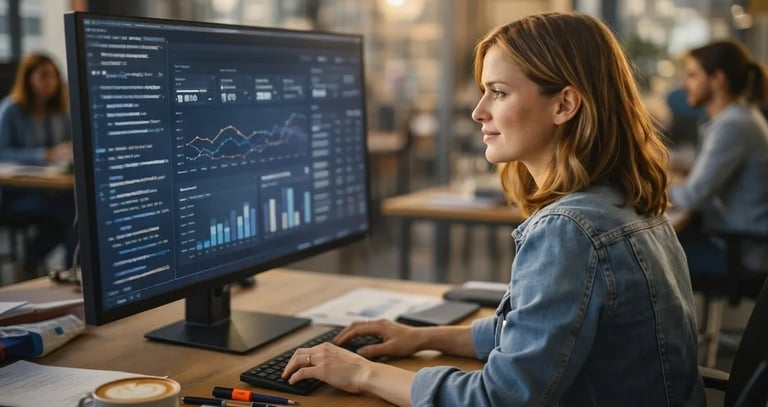 Especialista SEO analizando métricas en pantalla mientras ajusta la optimización on page de un sitio