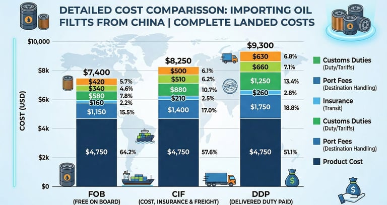 Detailed cost comparison chart showing complete landed costs for FOB, CIF, and DDP terms when importing oil filters